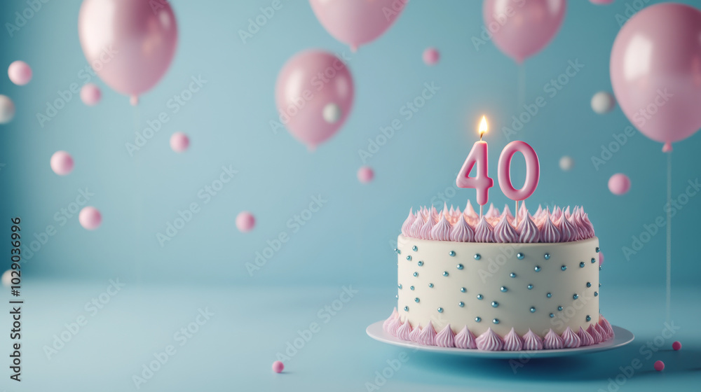 Birthday cake with candles for 40 years, balloons in pastel background Birthday cake with candles for 40 years, balloons in pastel background