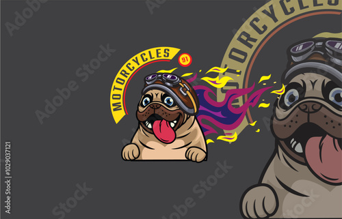 The dog character wearing a helmet, blazing with fire symbolizes speed and power in motorcycle culture.