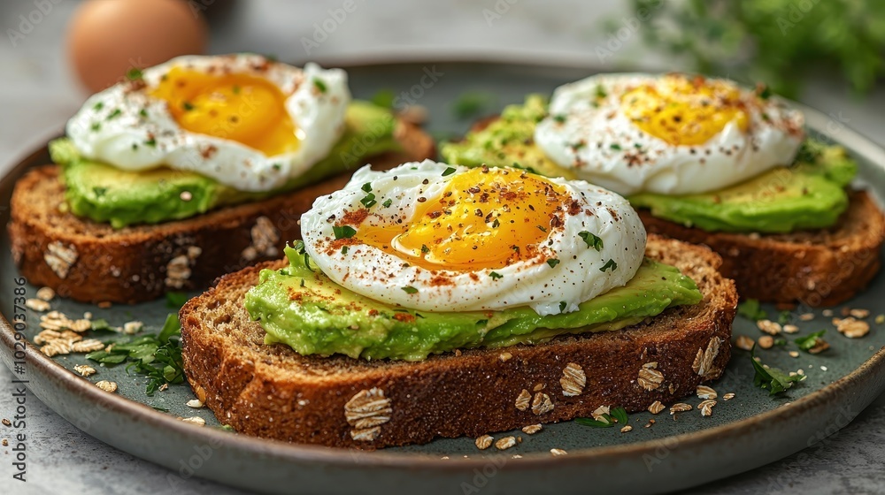 Avocado Toast with Fried Eggs and Herbs on Whole Grain Bread Avocado Toast with Fried Eggs and Herbs on Whole Grain Bread