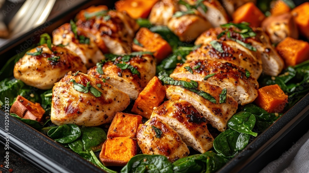 Baked chicken breasts with spinach and roasted sweet potatoes on a tray