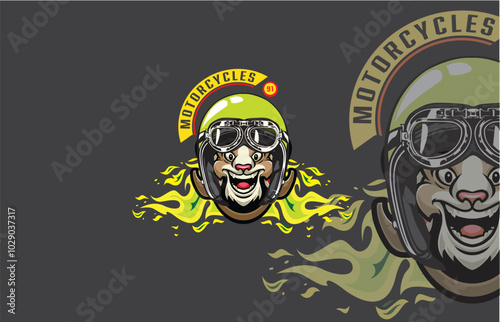 The goat character wearing a helmet and goggles, blazing with fire symbolizes speed and power in motorcycle culture.
