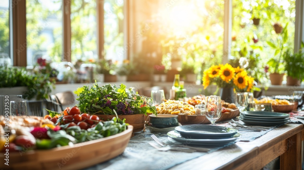 Sunny Summer Table Setting with Fresh Salad Pasta and Sunflowers Sunny Summer Table Setting with Fresh Salad Pasta and Sunflowers