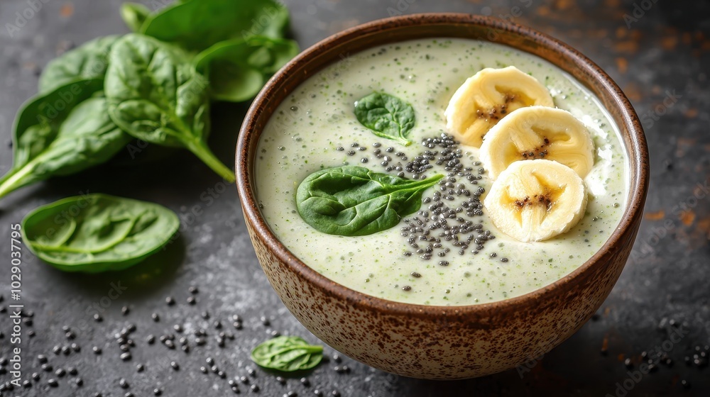 Green Smoothie Bowl with Spinach Banana Slices and Chia Seeds Topping Green Smoothie Bowl with Spinach Banana Slices and Chia Seeds Topping