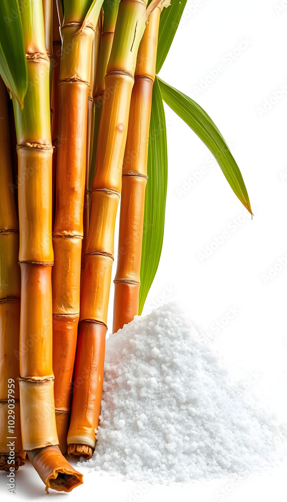 Obraz premium Sugarcanes stalks with sugar cane leaves and pile of sugar isolated on white background isolated with white highlights, png