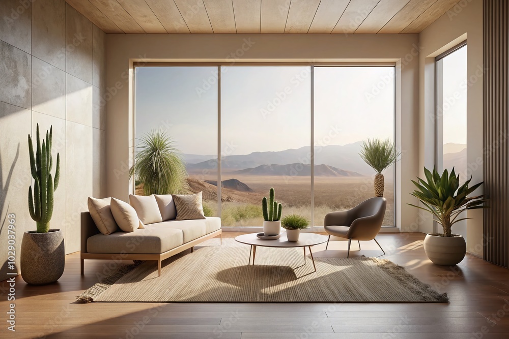 Fototapeta premium Minimalist Desert View Interior - Serene Escape with Clean Lines and Natural Light