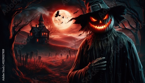 A glowing Halloween pumpkin scarecrow in the middle of a dark field at night, surrounded by spooky trees and bats flying under a full moon, this scene captures the spooky holiday spirit.