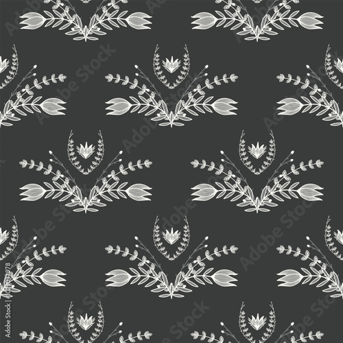 Monochrome floral pattern with delicate white flowers and foliage on a dark background. Elegant and modern, this black-and-white design evokes timeless sophistication with a vintage touch.