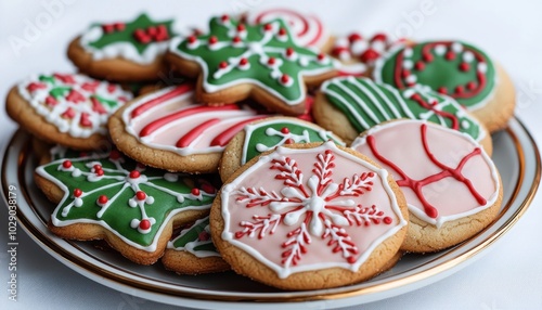 A festive assortment of decorated cookies featuring holiday themes, perfect for celebrations and gatherings.