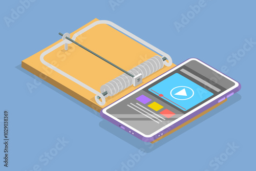 3D Isometric Flat Vector Illustration of Internet Addiction , Gadget Mousetrap