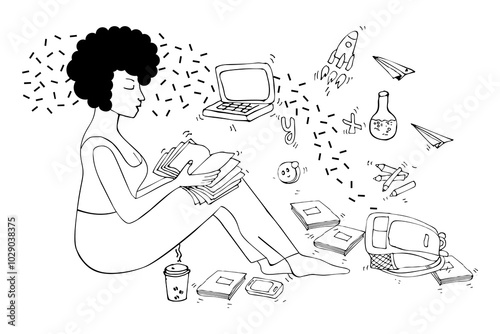 Sitting girl reading a book. Afro woman with backpack, phone, book, computer, rocket, coffee, telephone, notebook. Self-study at home. School or free time at home. Hand drawn vector illustration