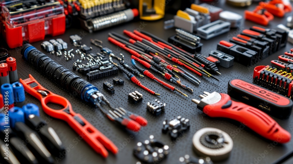 Fototapeta premium Electrical Connectors Wires and Tools on a Black Surface