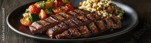 Grilled steak with roasted vegetables and couscous on a dark plate