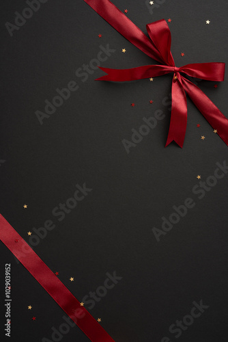 A sophisticated vertical image featuring a luxurious red ribbon tied into a bow with scattered star confetti on a dark backdrop, perfect for festive or celebratory themes photo