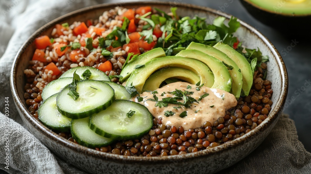 Lentil and Avocado Bowl with Cucumber, Grains, and Creamy Dressing Lentil and Avocado Bowl with Cucumber, Grains, and Creamy Dressing