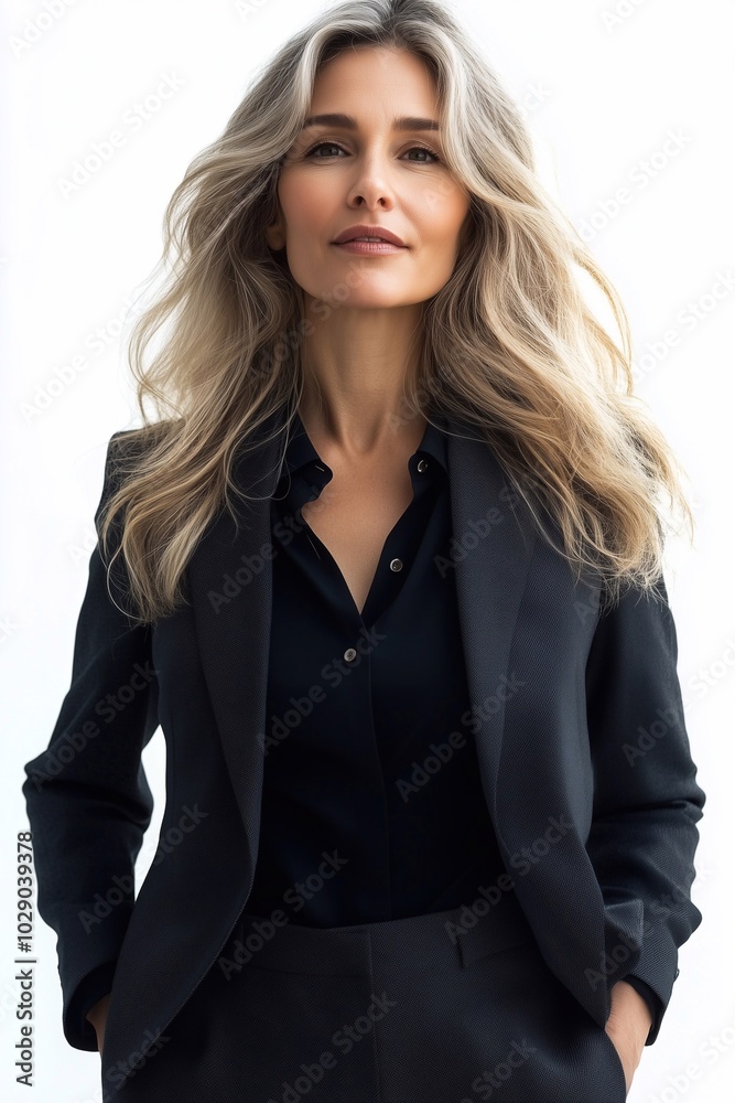 Happy middle aged business woman leader, smiling stylish mature professional executive, confident businesswoman or fashion model looking away standing isolated on white background. Happy middle aged business woman leader, smiling stylish mature professional executive, confident businesswoman or fashion model looking away standing isolated on white background.