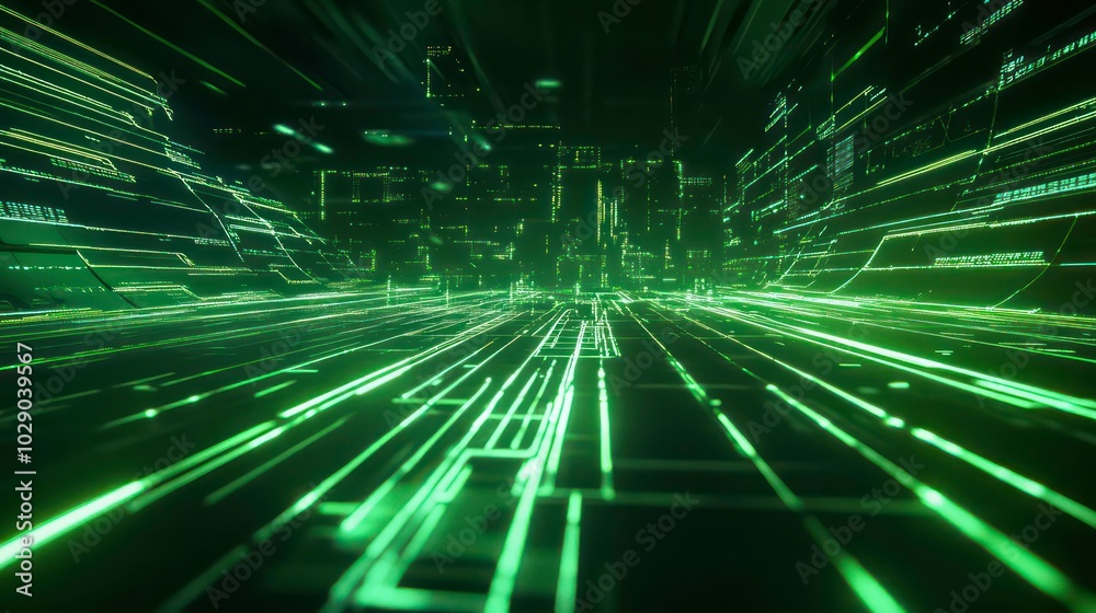 custom made wallpaper toronto digitalAbstract green lines background with perspective and depth, reminiscent of a futuristic city or digital network.