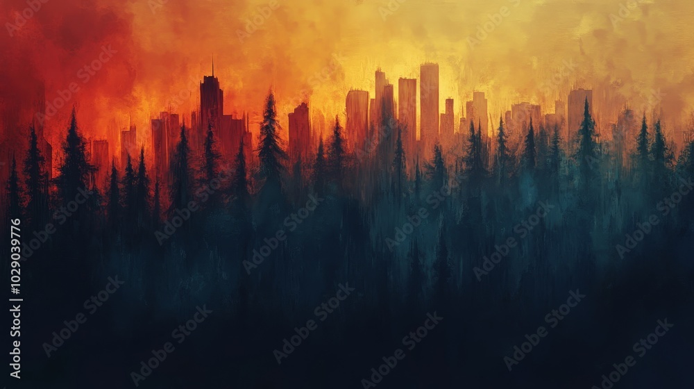Urban Expansion, Forests in Flames, Surreal digital depiction, warm to cool gradient, illustrating the clash between nature and city growth