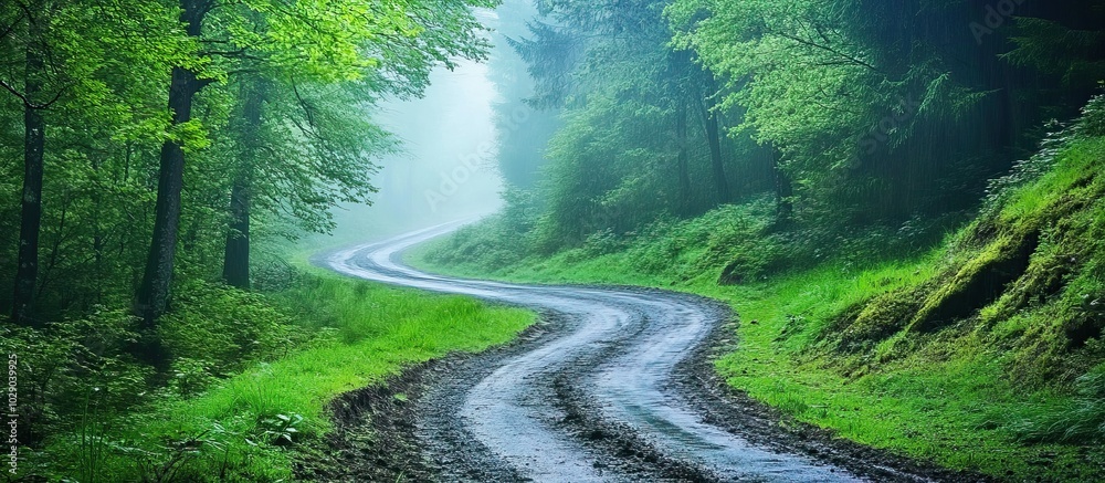 Obraz premium Misty Forest Road: A Winding Path Through Lush Greenery