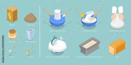 3D Isometric Flat Vector Illustration of Homemade Bread Recipe, Baking at Home