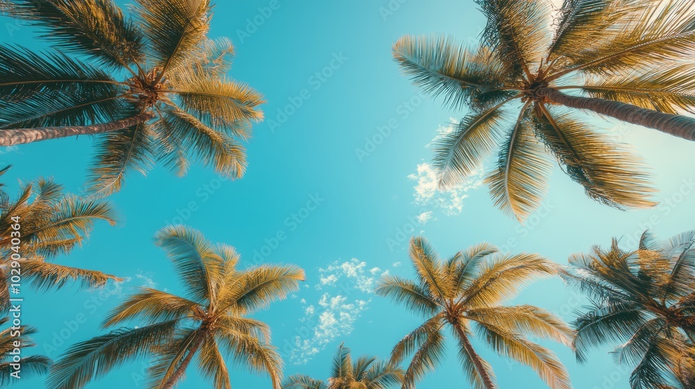 Tropical Palm Trees Against Blue Sky Summer Vacation Background Tropical Palm Trees Against Blue Sky Summer Vacation Background