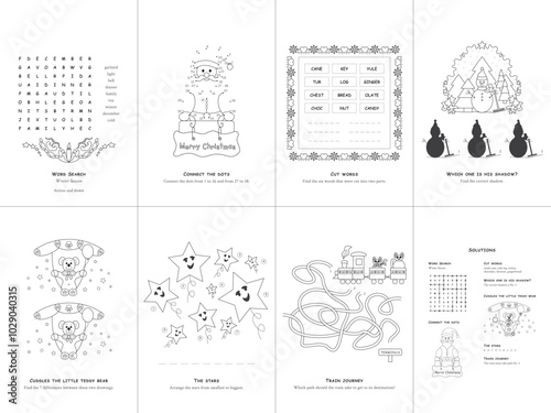 Set of seven games. Christmas Theme. Game and coloring page for kids. English language. Vector illustration. Set No. 3.