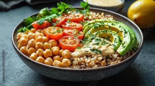 Vegan Buddha Bowl with Chickpeas, Avocado, Tomatoes, and Brown Rice