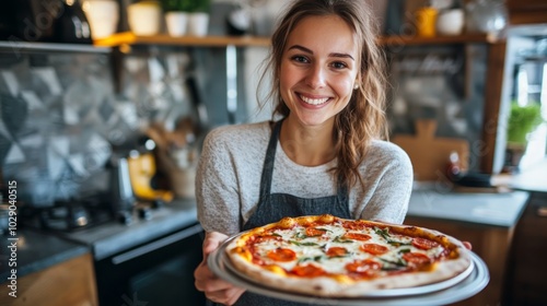 A happy woman in an apron proudly presents a freshly baked pizza in her kitchen.