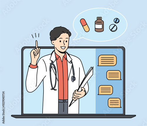 Telemedicine concept vector illustration. Patient video calling to see doctor using online technology through laptop computer.