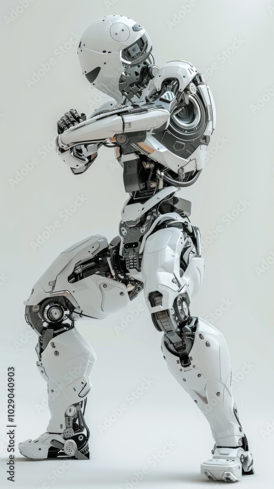 Futuristic robot in a battle stance, 4K hyperrealistic photo