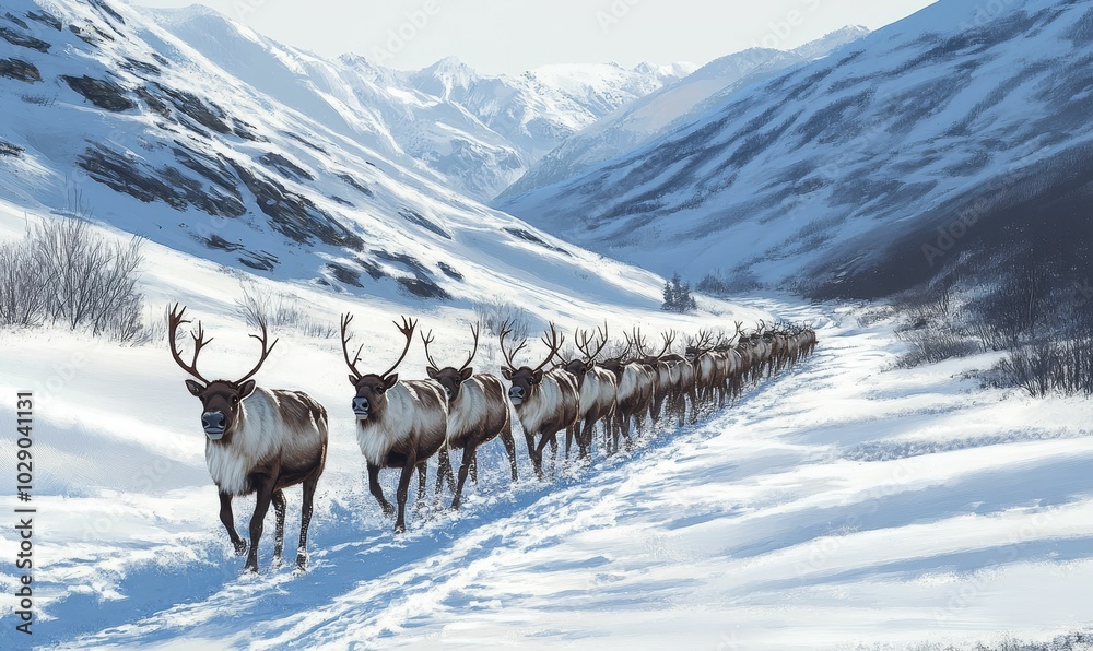 Reindeer herd walking through snowy mountain valley. Reindeer herd walking through snowy mountain valley.