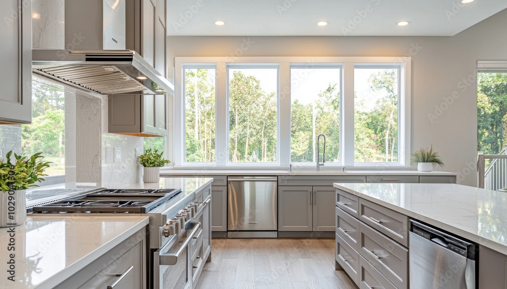 Fototapeta premium A modern kitchen featuring sleek cabinetry, stainless steel appliances, and large windows overlooking a green landscape.