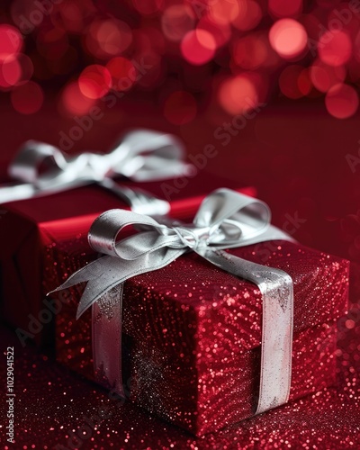 Close-Up of Two Christmas Gift Boxes with Bows Against Bright Bokeh Background photo