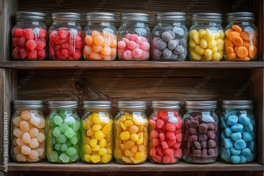 Glass jars filled with colorful candies. A perfect image to depict a sweet treat or a concept of variety. Glass jars filled with colorful candies. A perfect image to depict a sweet treat or a concept of variety.