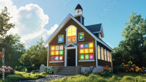 3D rendered schoolhouse with subject icons as windows