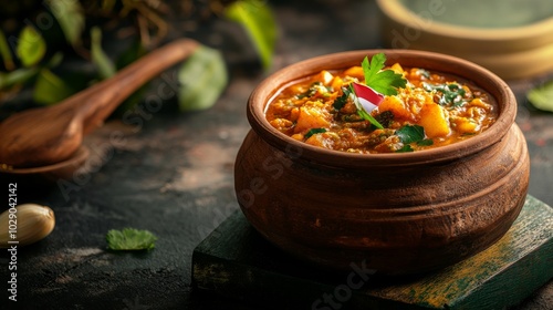 An empty scene featuring a clay pot brimming with freshly prepared bisi bele bath, Karnatakaâ€™s famous dish, with the state flag subtly decorating the pot,