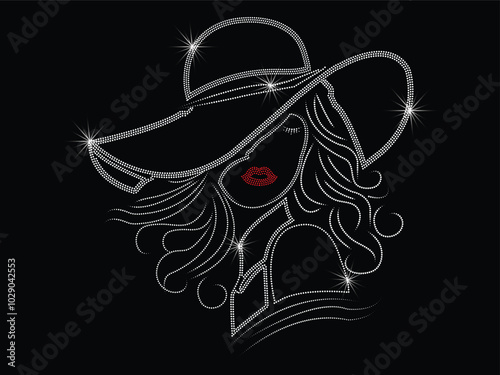 Vector Rhinestone design. Stylish girl with hat, Lady boss. Good for posters, fabric prints, web page backgrounds, birthday card invitations, interior surface textures, t-shirt design