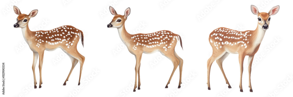 Three white tailed deer fawns standing isolated transparent background Three white tailed deer fawns standing isolated transparent background