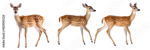 Three spotted deer standing isolated transparent background photo