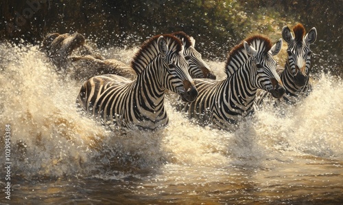 Three zebras splashing through a river.