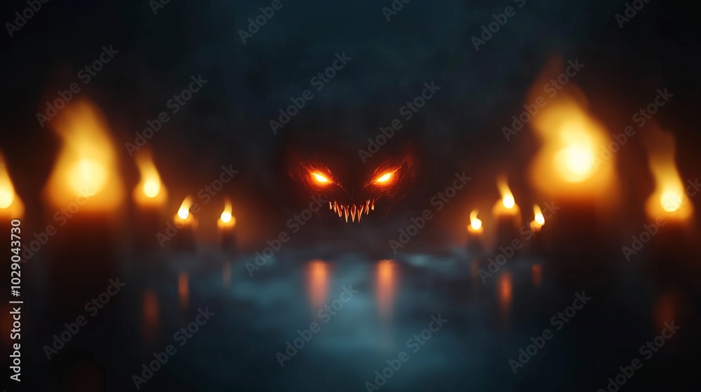 Naklejka premium A haunting scene with glowing candles casting eerie shadows on a dark figure with glowing eyes, creating a chilling atmosphere.