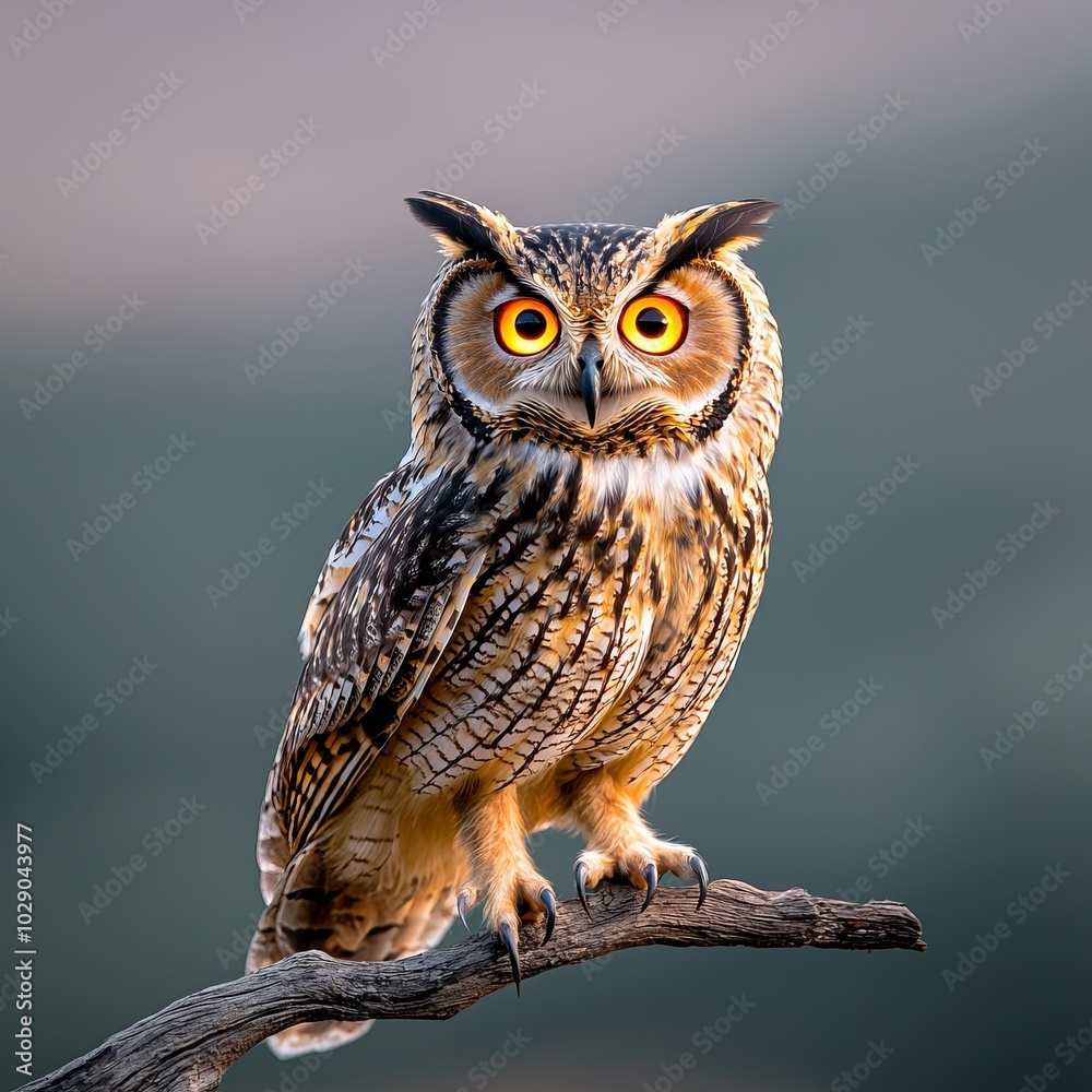 Obraz premium A majestic owl perched on a branch, showcasing its striking features and captivating eyes in a serene natural environment.