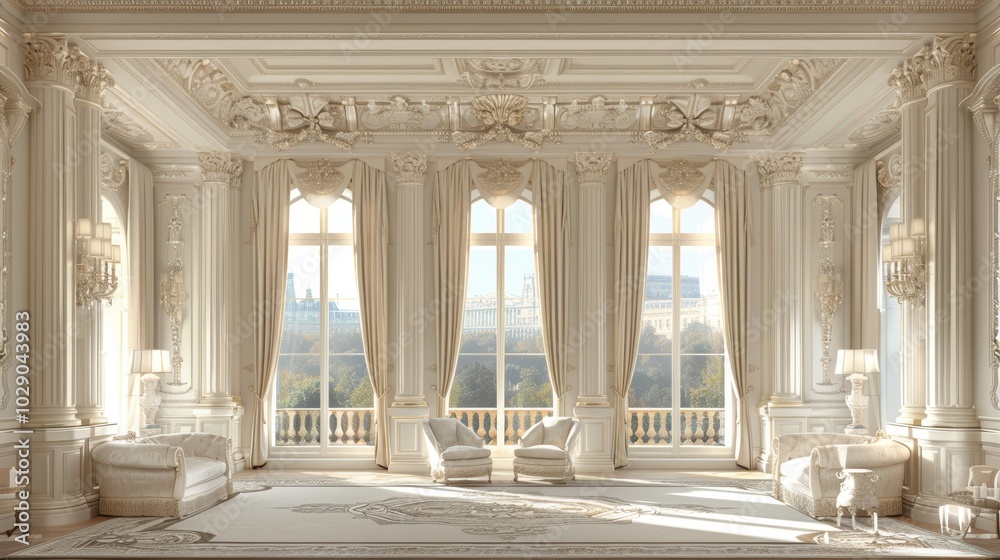 Obraz premium Spacious and luxurious neoclassical salon with ornate architectural details, grand windows, and elegant furnishings evoking grandeur and sophistication