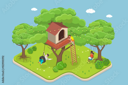 3D Isometric Flat Vector Illustration of House On Tree, Children Playing In Treehouse In Backyard Garden