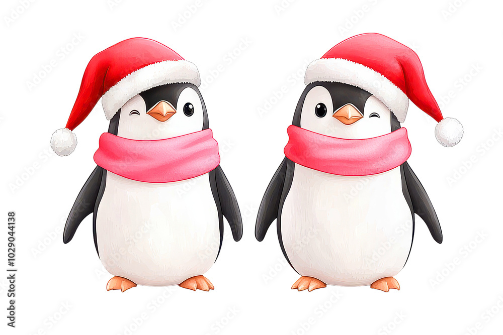 Fototapeta premium Two festive penguins with red scarves, white isolated background