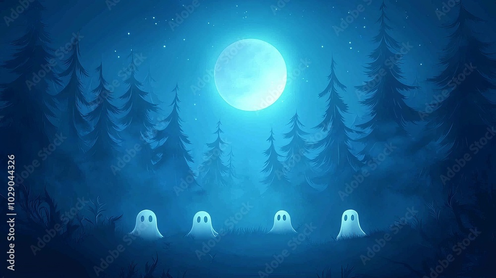 A mystical night scene with glowing ghosts under a full moon, surrounded by dark pine trees in a serene forest setting. A mystical night scene with glowing ghosts under a full moon, surrounded by dark pine trees in a serene forest setting.
