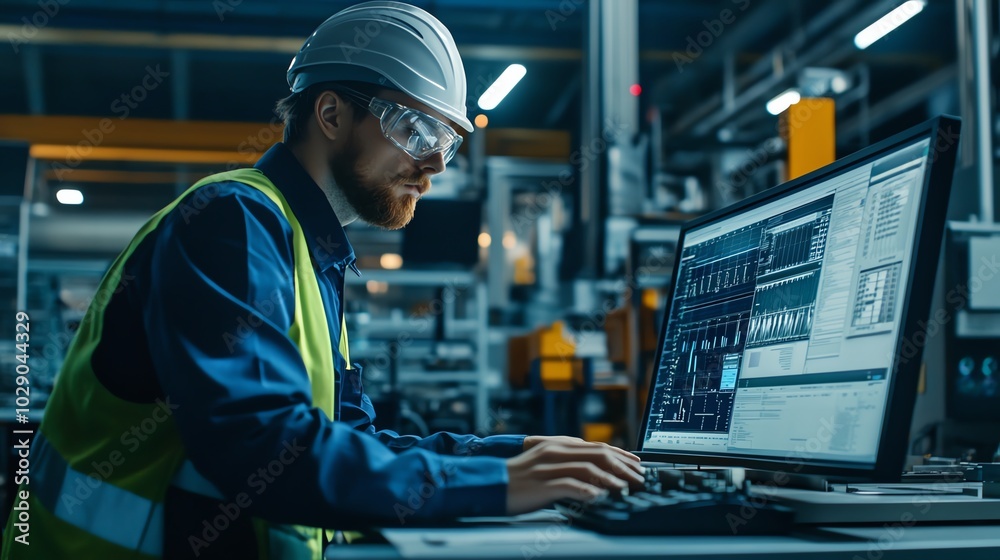 Worker in hard hat and goggles analyzing data on computer in manufacturing facility. Worker in hard hat and goggles analyzing data on computer in manufacturing facility.