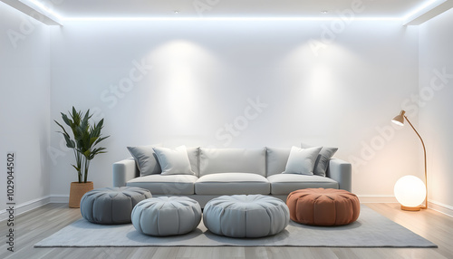 Interior of light living room with grey sofa, soft bench and poufs isolated with white highlights, png