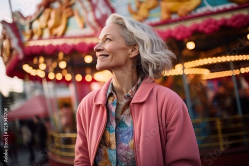 Portrait of a blissful woman in her 50s wearing a cozy sweater isolated in vibrant amusement park