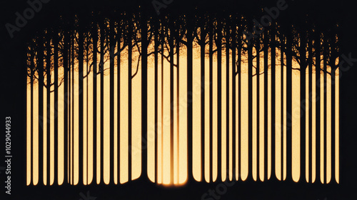 Silhouetted trees stand tall against a golden sunset.