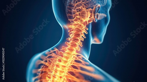 3D medical illustration of a human spine with a glowing area representing pain in the neck region.